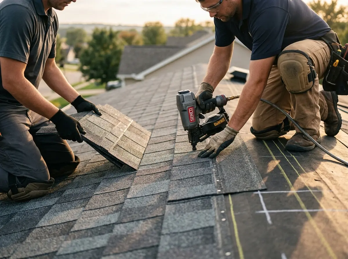 Professional roofer working on a residential roof in Gardner